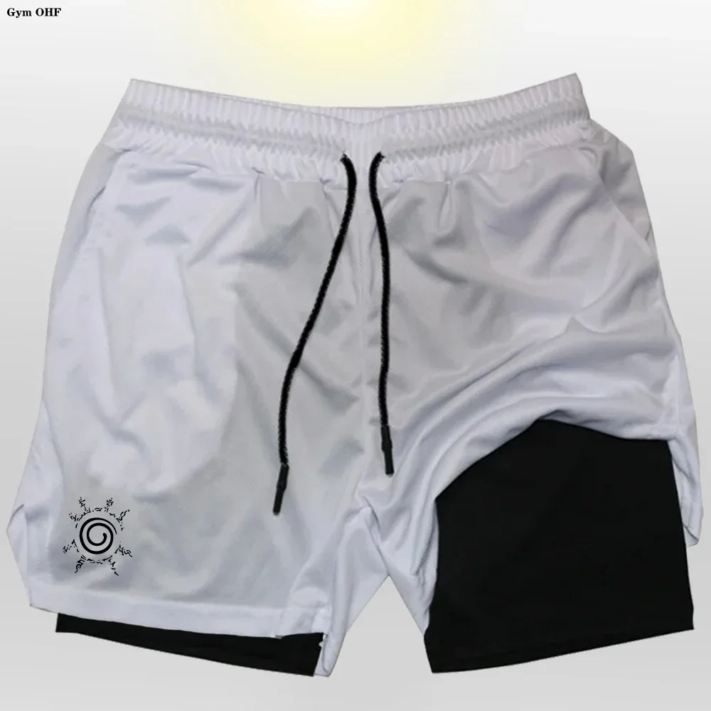 Shorts masculinos de ginástica de duas peças de secagem rápida, shorts de praia estampados de duas peças, calça esportiva de ginástica, camada dupla, anime, verão