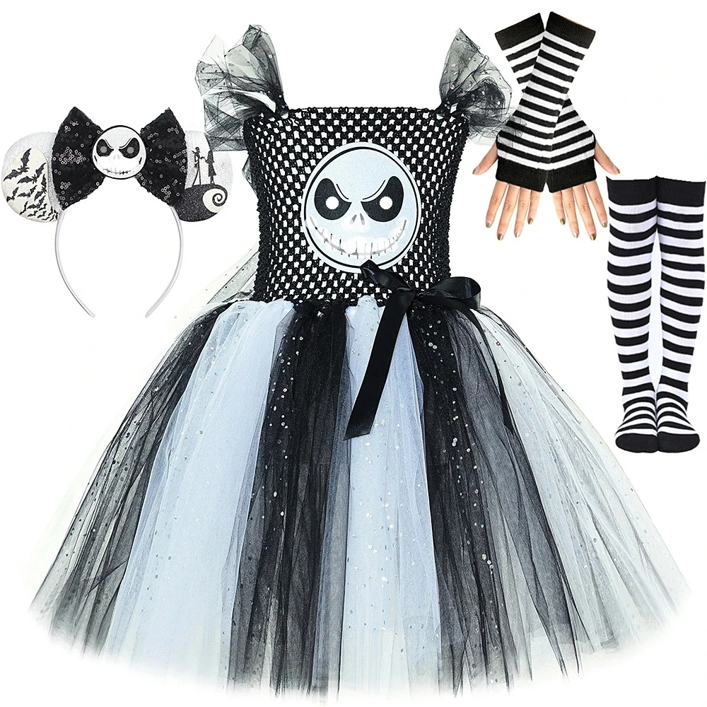 Disfraces de pesadilla antes de Navidad para niñas, vestido tutú elegante con esqueleto de Halloween para niños, trajes de miedo de fantasma blanco y negro