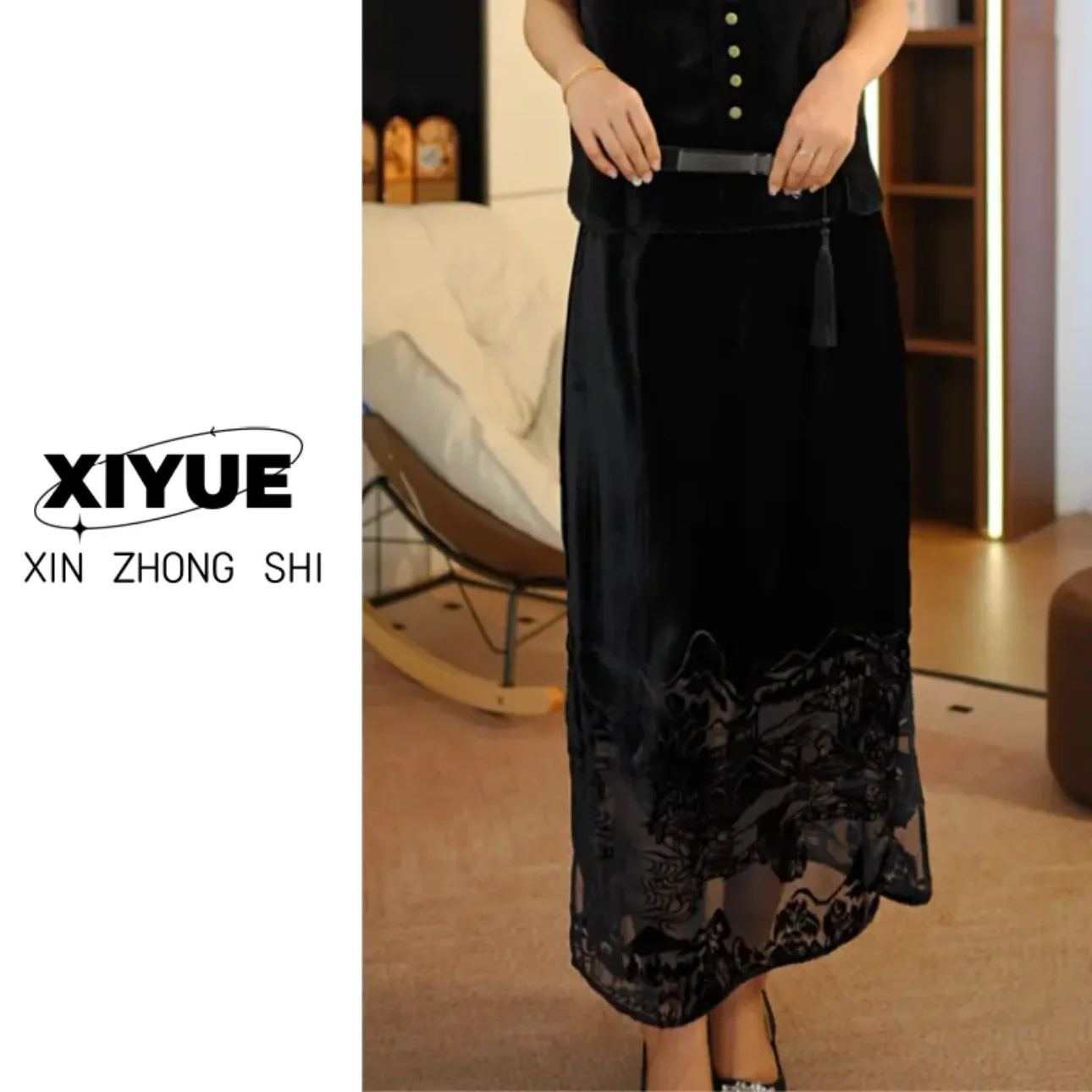 جديد الصينية Sle الفاخرة الرجعية المخملية المحروقة زهرة شبه تنورة المرأة الخريف تصميم جديد تحسس تنحنح منتصف طول تنورة