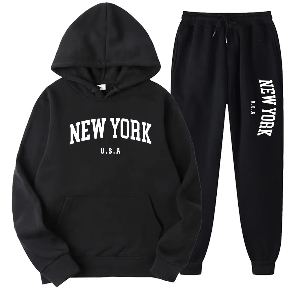 

New York Print Hoodies Casual American Style Hoodie Set Mens Autumn Long Sleeves Hooded Loose Pullover Street Sweatshirt