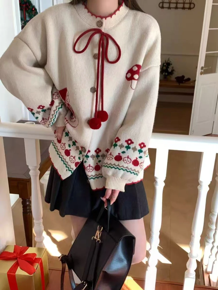 

Plus Size Preppy Style Sweaters Lace Up Lantern Sleeve Cartoon Jacquard Single Breasted Cardigan Sweet Loose Women Clothing 2024