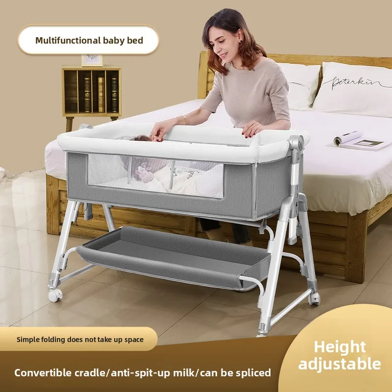 Babyfond Multifunctional Foldable Portable Baby Crib, Splicable Bedside Cradle Attaches to Queen‑Size Bed for Home Use