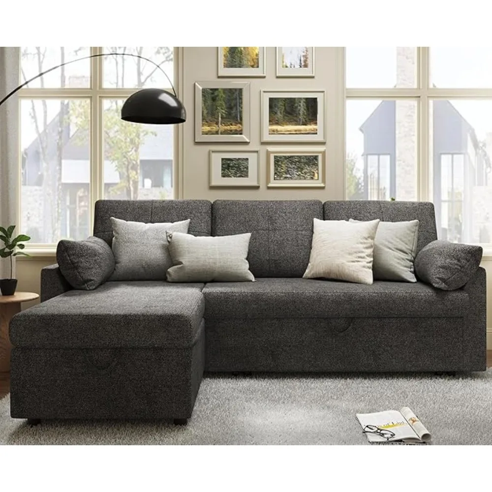 S60f3bc8d93d241d789850f20b491b0d2N Beige Chenille Sleeper Sofa Bed with Storage Chaise for Living Room