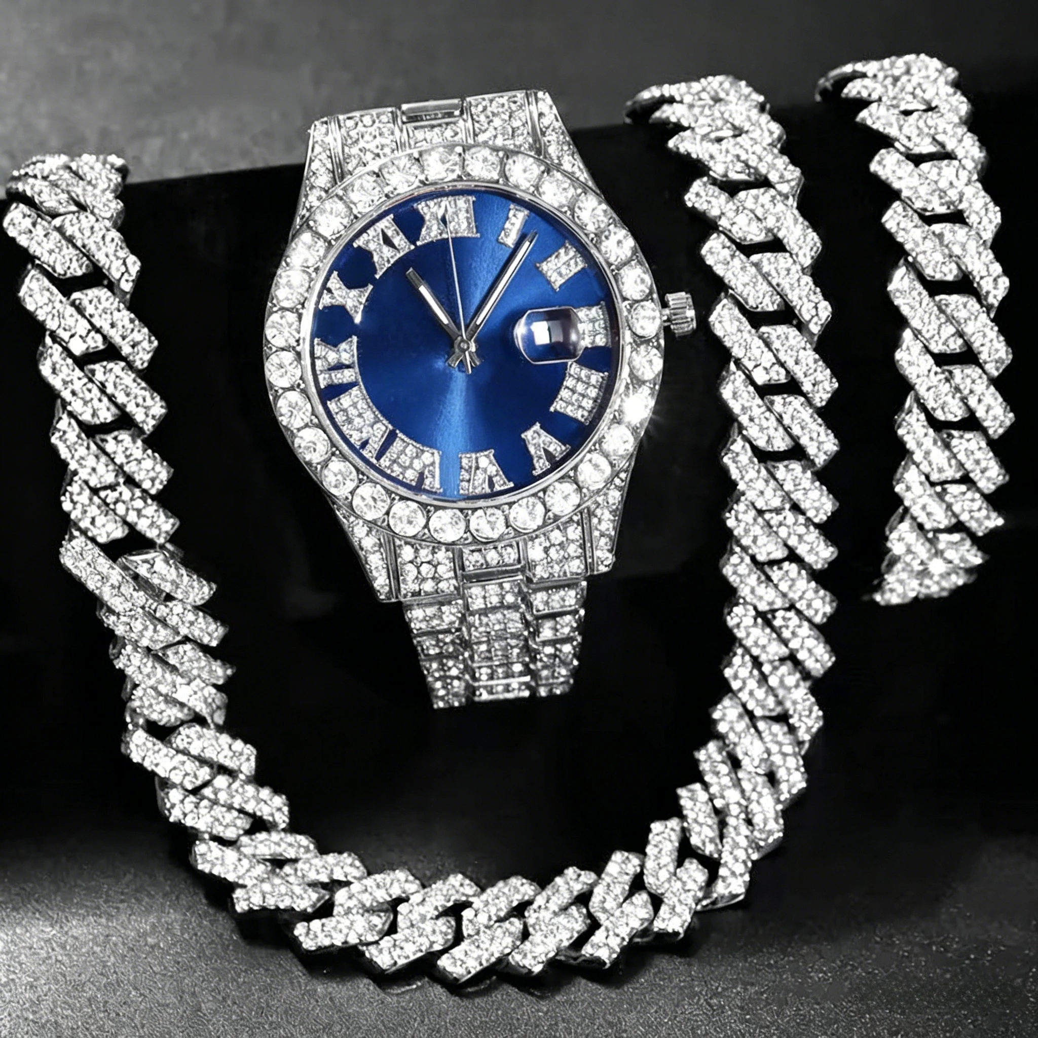3/4PCS Hip Hop Iced Out Men\'s Watch Jewelry Set Luxury Rhinestone Quartz Wristwatch Cuban Link Chain Accessories（Without Box）