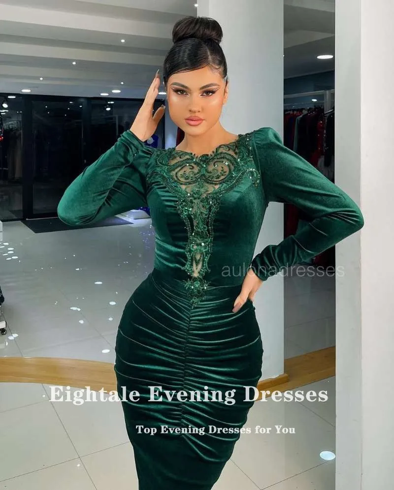 Eightale Vevet Evening Dresses O-Neck Appliques Mermaid Prom Gown Long Sleeves Dark Green Arabic Customized Party Dress