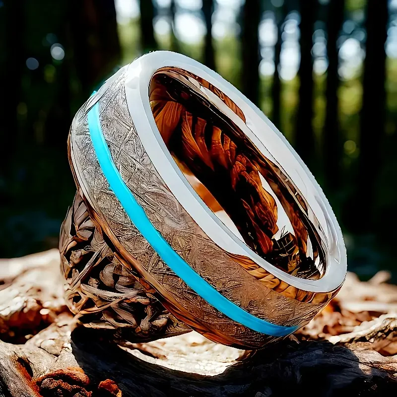 Stylish 1pc Men's Stainless Steel Ring - Synthetic Silvery Silk-Inlaid Blue Turquoise Modern Geometric Design, Durable Minimalis view 5