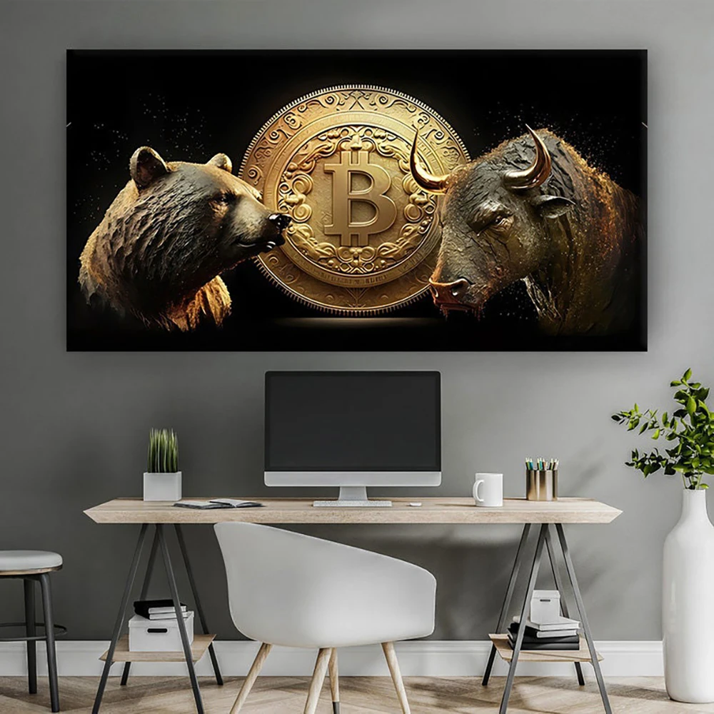 بيتكوين قماش التشفير التاجر جدار الفن الحديثة العملة المشفرة المشارك التاجر مكتب جدار الفن الثور الدب قماش يطبع ديكور التداول