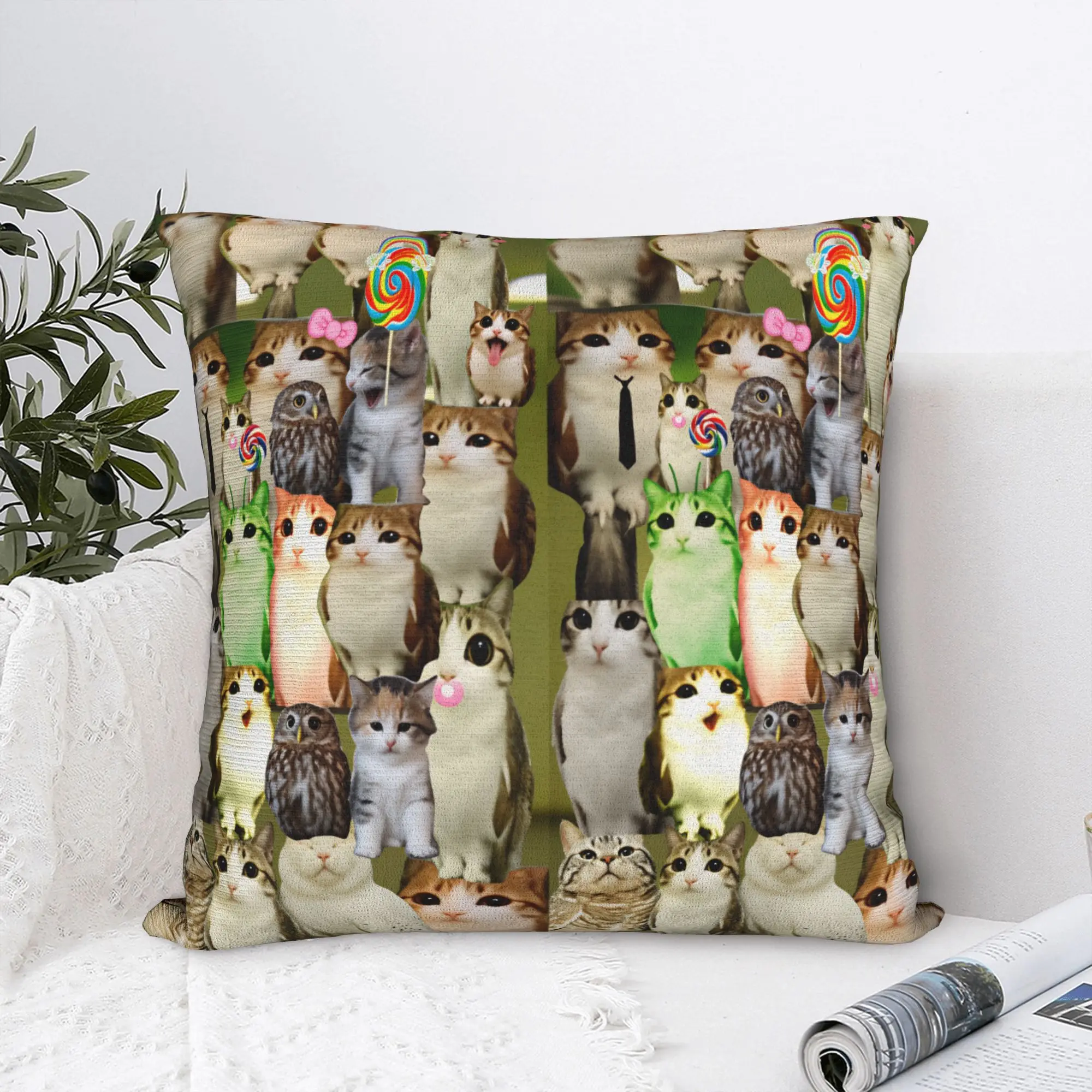 Pillow Case Meowl Cat And Owl Collage Square  Pillow Cover For Chair Sofa Home Decor Novelty Pillowcases