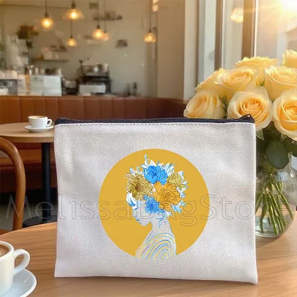 Sunflower Floral Uk-raine Gift Canvas Cosmetic Bag Makeup Toilet Bag Pencil Case Zipper Pouch Key Coin Purse Storage Cotton Bag