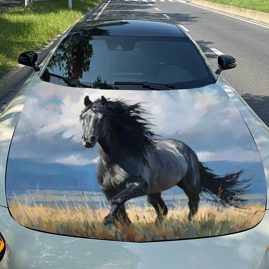 Car Decals Galloping Horse Design, featuring a horse running in a field, exuding a free and spirited aura Car Hood Sticker, Wate