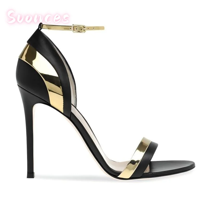 Trending Ladies Open Toe Stiletto Heel Sandals Matte Metallic Panel Front Strap Ankle Buckle Shaft Formal Out Open Toe Stilettos