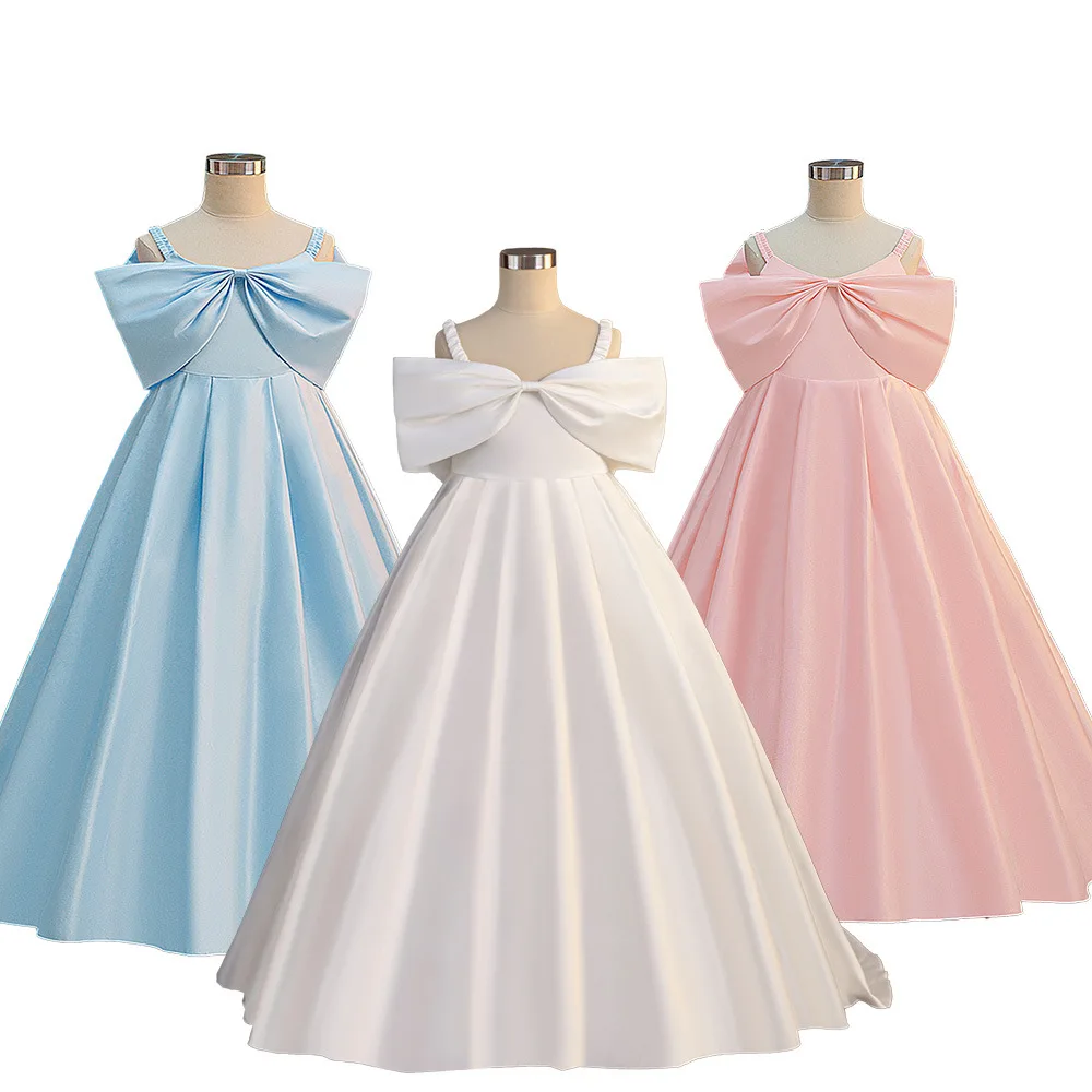 White Trailing Princess Dress For Teen Girl Baptismal Wedding Dress Halloween Costume Evening Dress Big Bow Girls Party Dresses