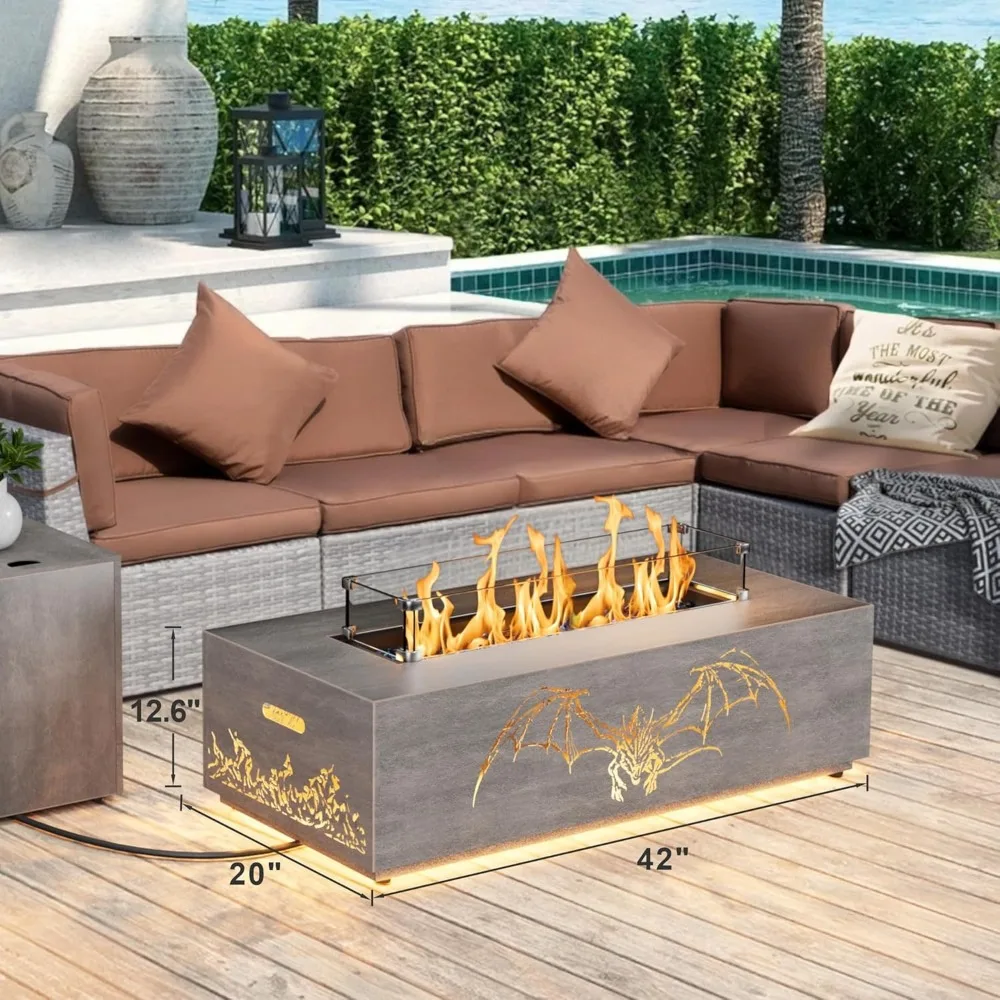 42 tavolo per braciere a propano da esterno illuminato a LED con 50.000 BTU, protezione antivento, coperchio, rocce e copertura per uso nel patio