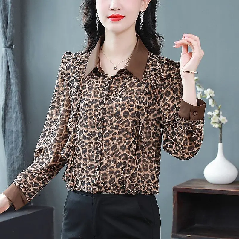 الأزهار الشيفون بلوزة المرأة ربيع الخريف أنيقة طويلة الأكمام كشكش الأعلى XQ240 #6