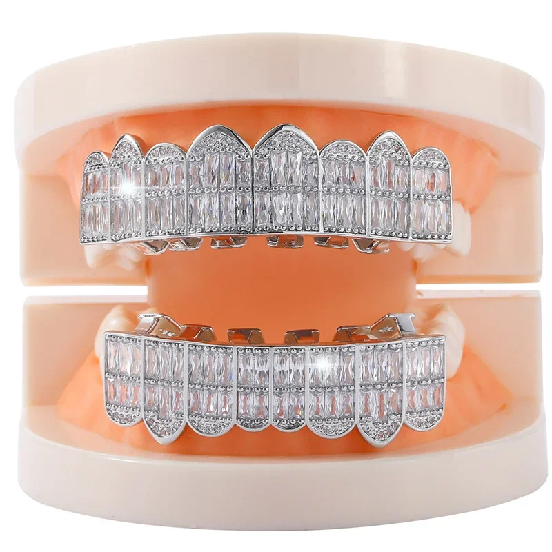 Iced Out Diamond Teeth Grills for Men Women, Hip Hop Silver Gold Grills for Your Teeth Top and Bottom, Rapper Costume Teeth