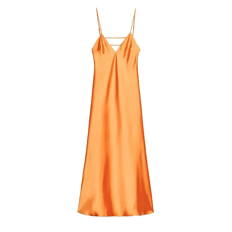 

Women Summer Stain V Neck Maxi Dress Elegant Sleeveless Spaghetti Strap Maxi Robes European American Solid Party Holiday Dresses