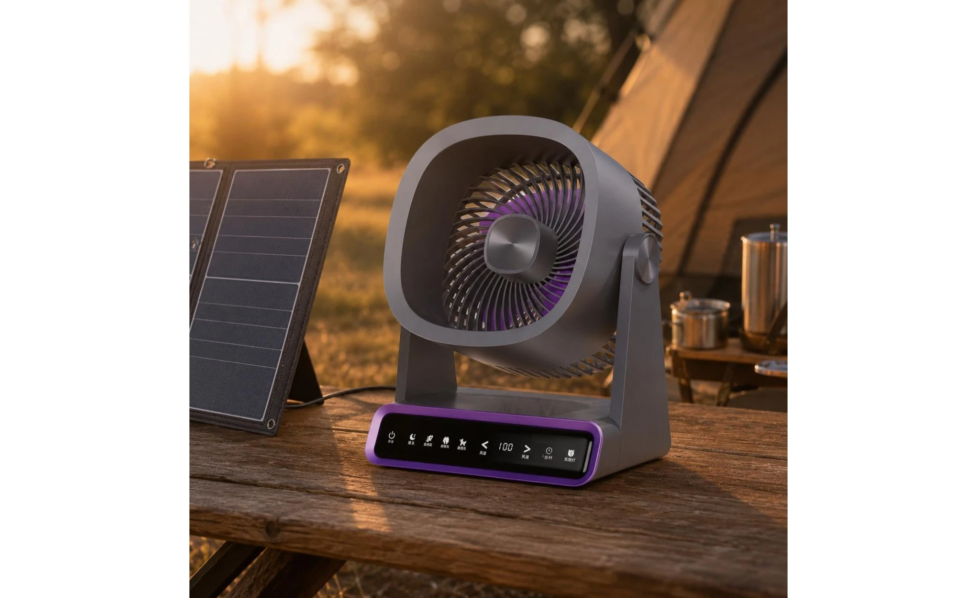 Rechargeable Tabletop Fan Solar Powered Smart Digital Fan Home Cooling Wireless Charging Compact for Outdoor, Camping