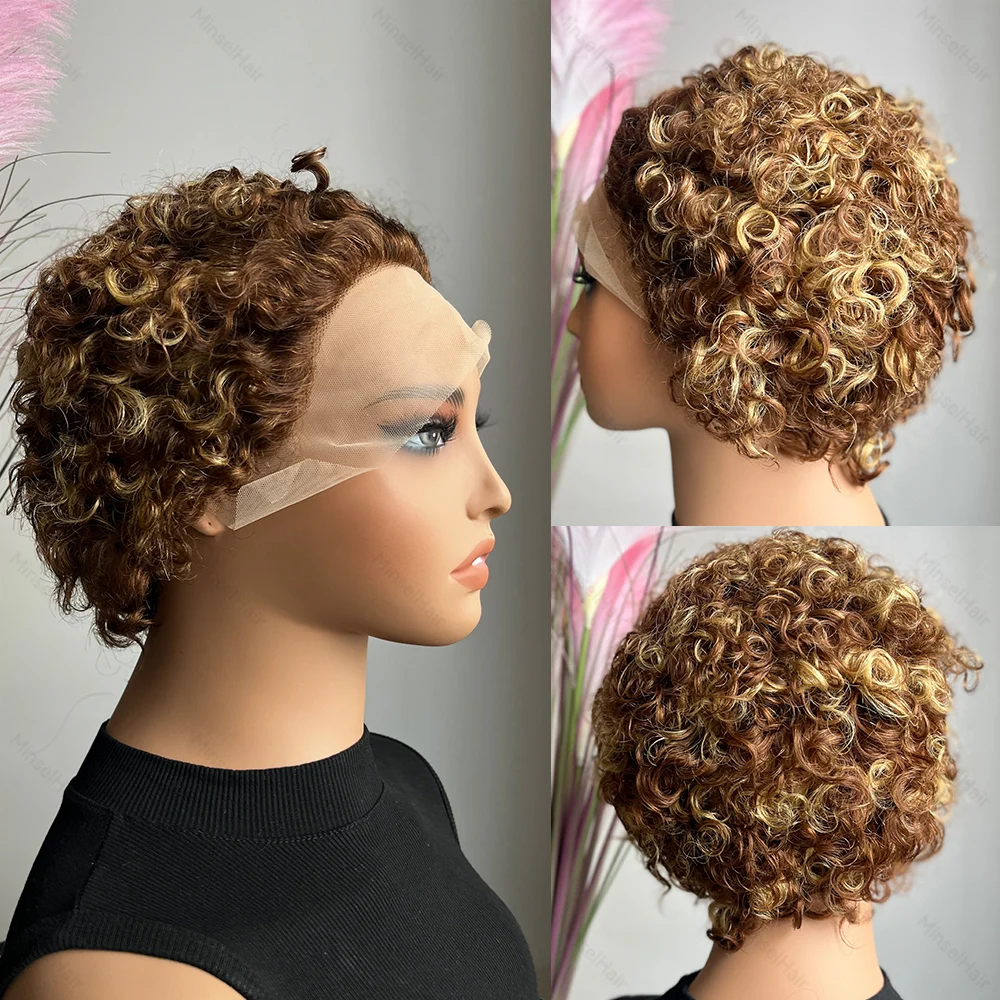 Pixes peruca curta encaracolada cabelo humano real renda frontal 13x1 hd renda P4-27 linha fina natural orelha a orelha