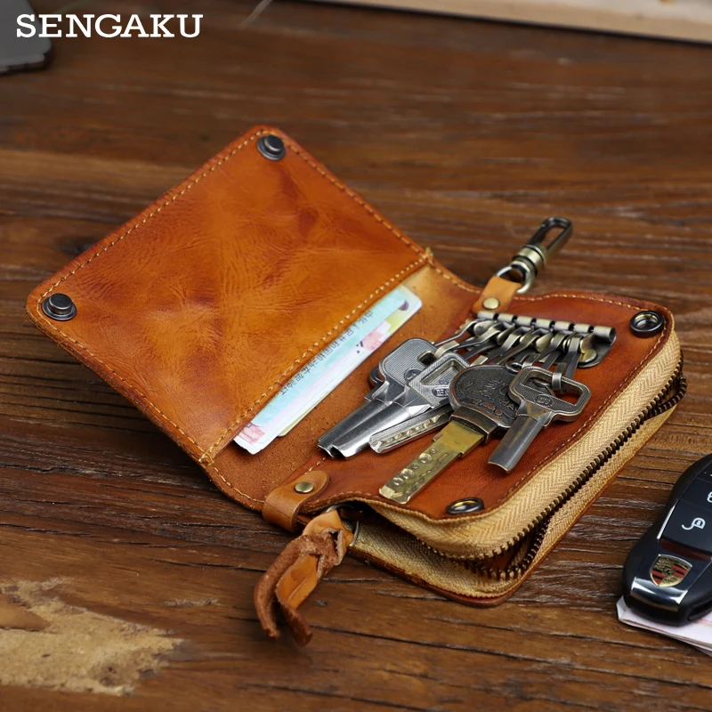 

Vintage Key Wallet For Men Handmade Genuine Leather Smart Key Ring Zipper Coin Purse Card Slot Housekeeper Key Chain Bag