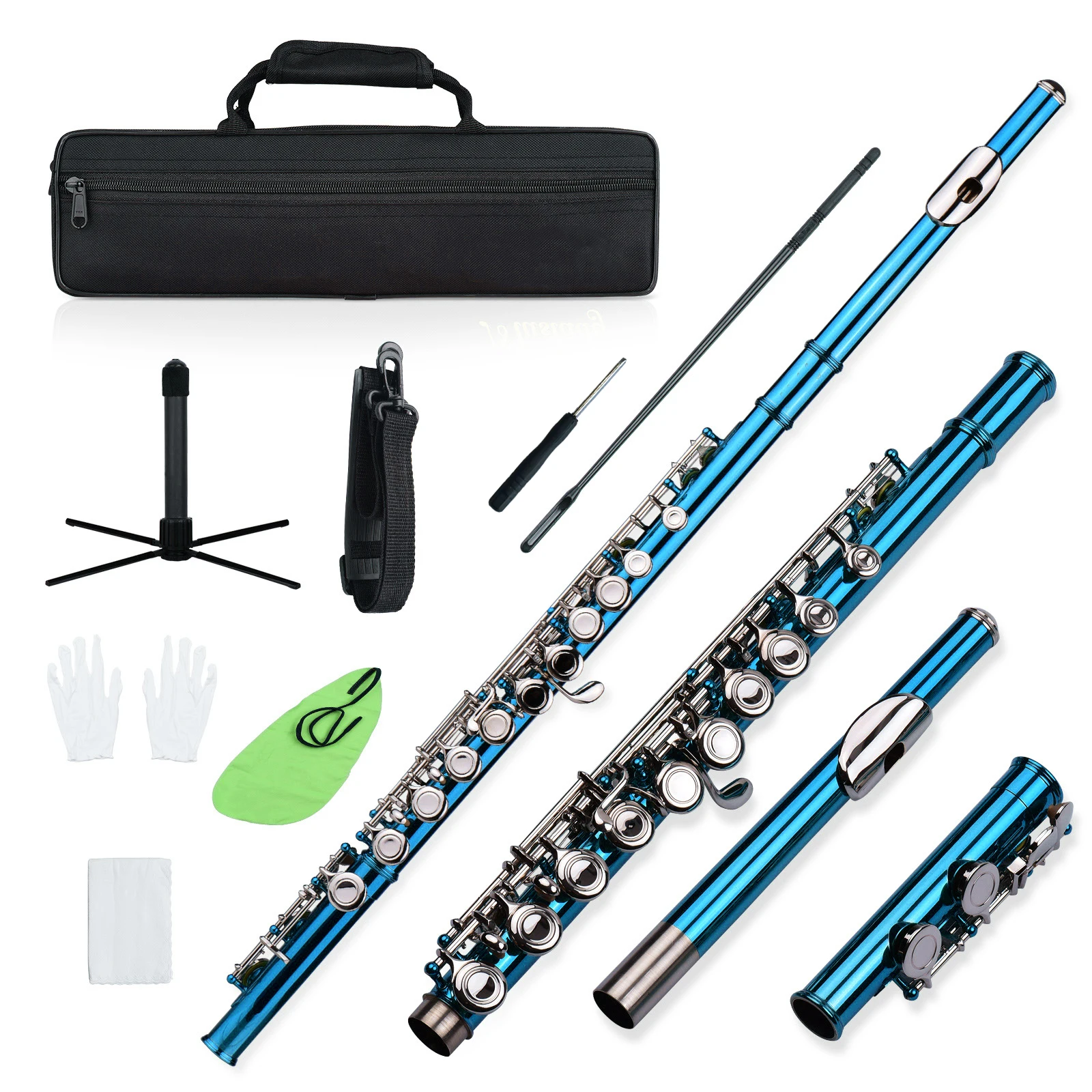 Closed Hole C Flute 16 Keys Cupronickel Nickel-plated Wind Instrument with Carry Case Flute Stand Gloves