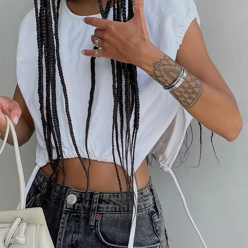 

Loose Women's round Ne Svel T-irt Dstring Pure Color Overhead Top Summer Faion High Waist Nine Points Pants