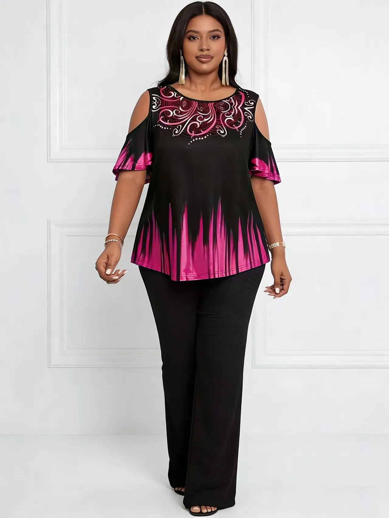 Plus Size Women's Gradient Print Off-Shoulder T-Shirt - Casual Short Sleeve with Paisley Detail, Stretchy Polyester Blend, Machine Washable - Plus Size T-Shirt