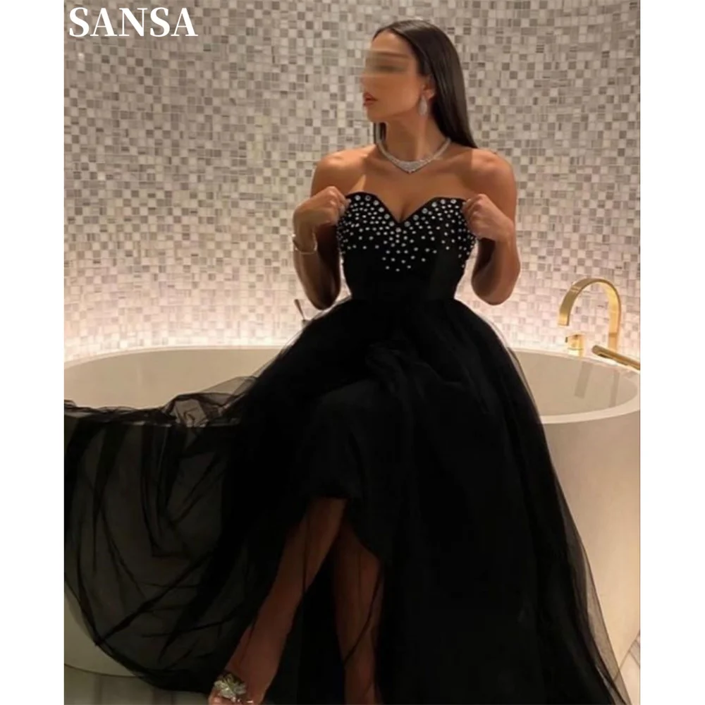 Sansa Exquisite Black Glitter Lace Evening Dress Strapless A-line Wedding Dresses Floor-Length Pearls vestidos de fiesta 2024