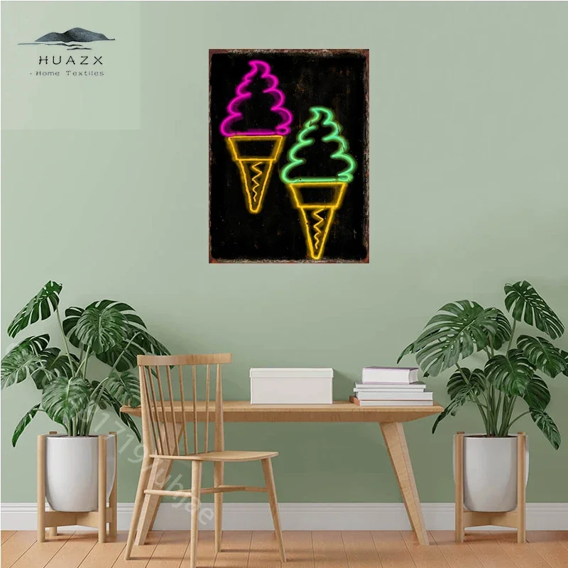 Neon Ice Cream Metal Tin Sign Restaurant Bar Coffee Shop Summer Time Wall Decor Painting Plaque Home Kitchen Decoration Posters