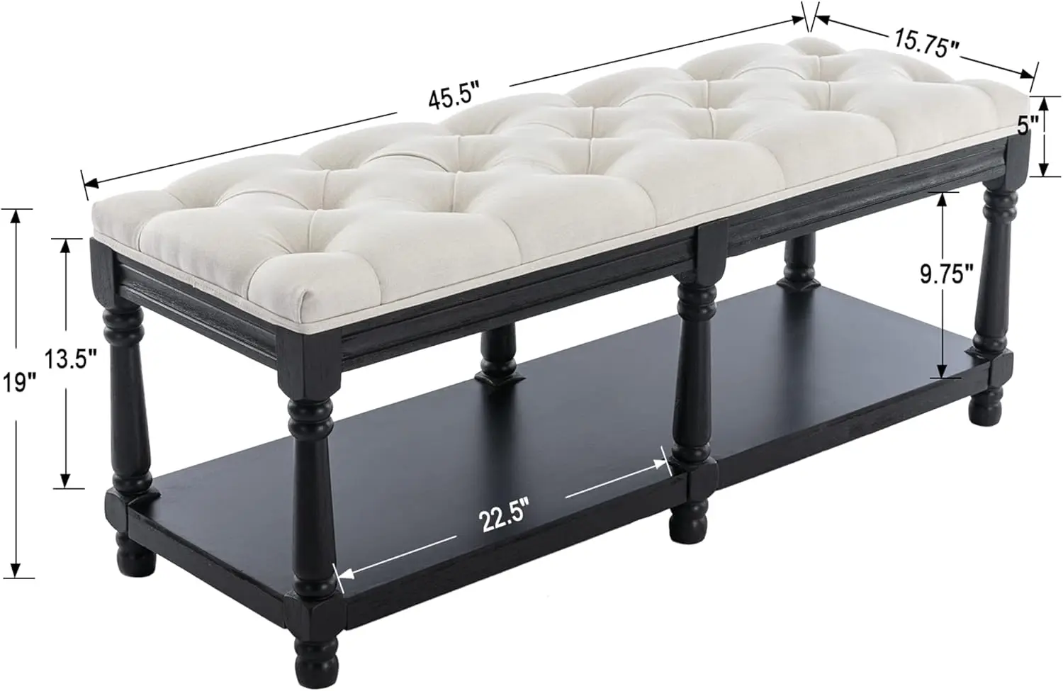 مقعد تخزين منجد بأزرار طويلة جدًا مع رف أحذية خشبي للمدخل وغرفة النوم