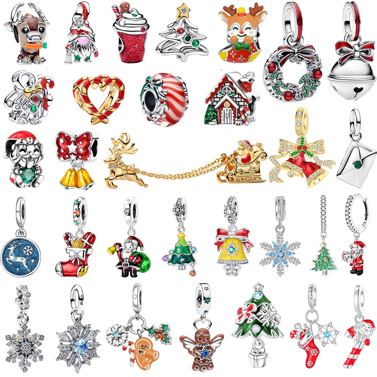 925 Sterling Silver Christmas Themed Santa Claus Reindeer Tree Bell Snowflake Gingerbread Bead Pendant Fit Bracelet Jewelry Gift