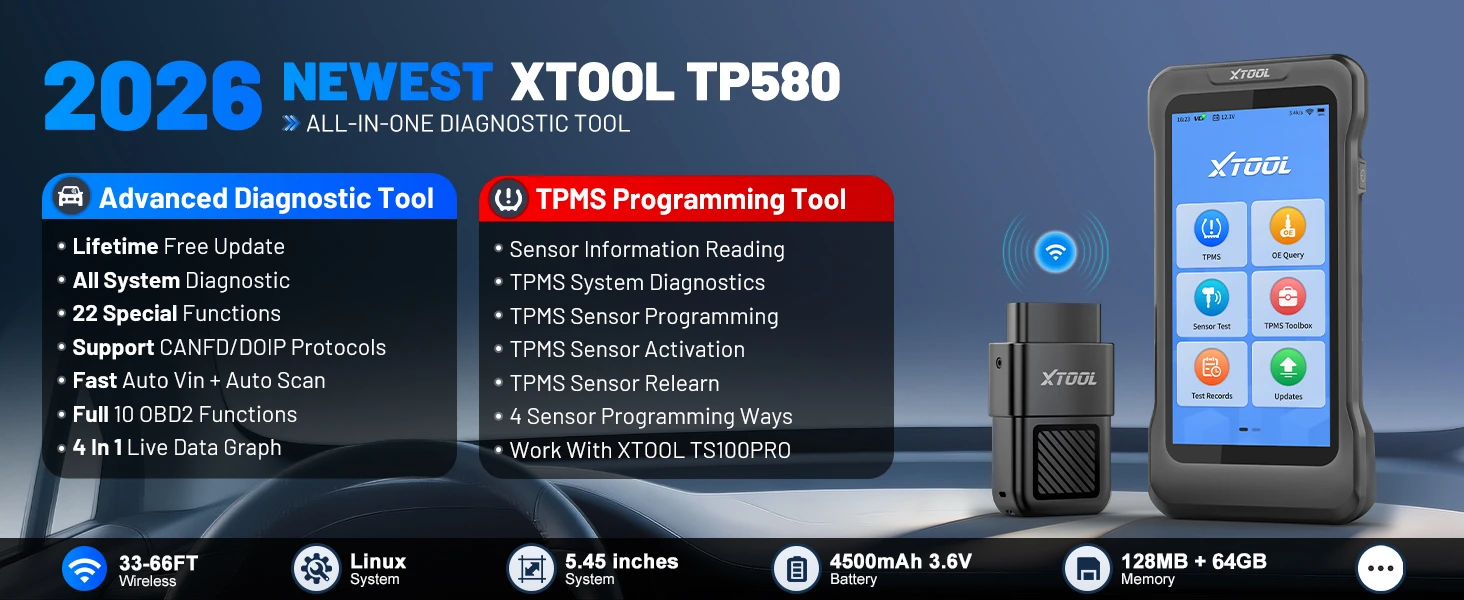 2026 XTOOL TP580 TPMS-Diagnosetool VS TP150, Allsystem-Automobilscan (nicht nur TPMS), 22+ Reset-Funktionen, fortschrittliche TS100PRO-Sensorprogrammierung, lebenslange kostenlose Updates, 315/433MHz-Sensoraktivierung/-Neuanlernen und OBD-Neuanlernen, Typ-Programmierwerkzeuge – Detail 2