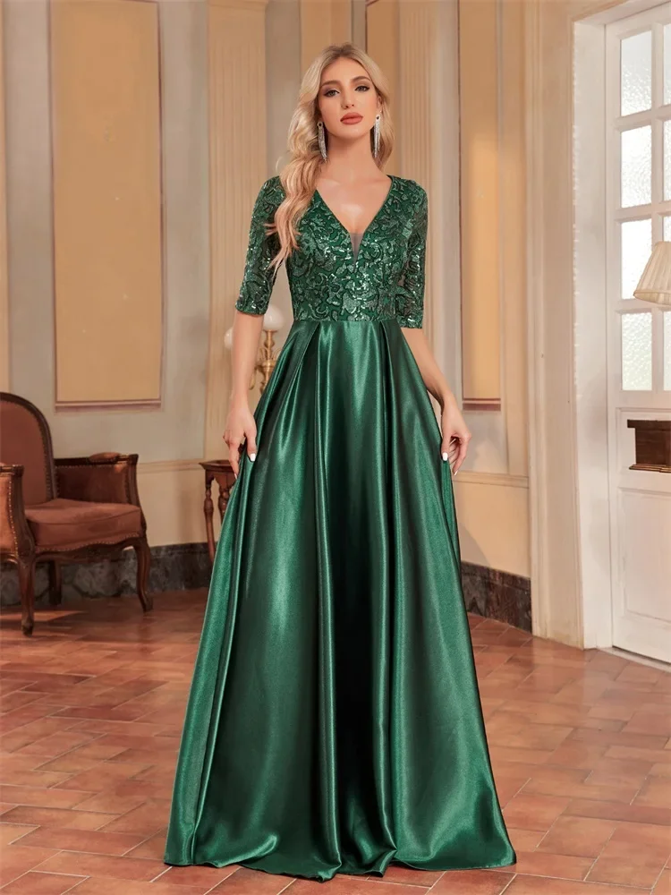 Luxury Short Sleeve Green Satin V-Neck Evening Dress Women Sequin elegant Party Prom Floor Lenght Cocktail Graduation Gowns