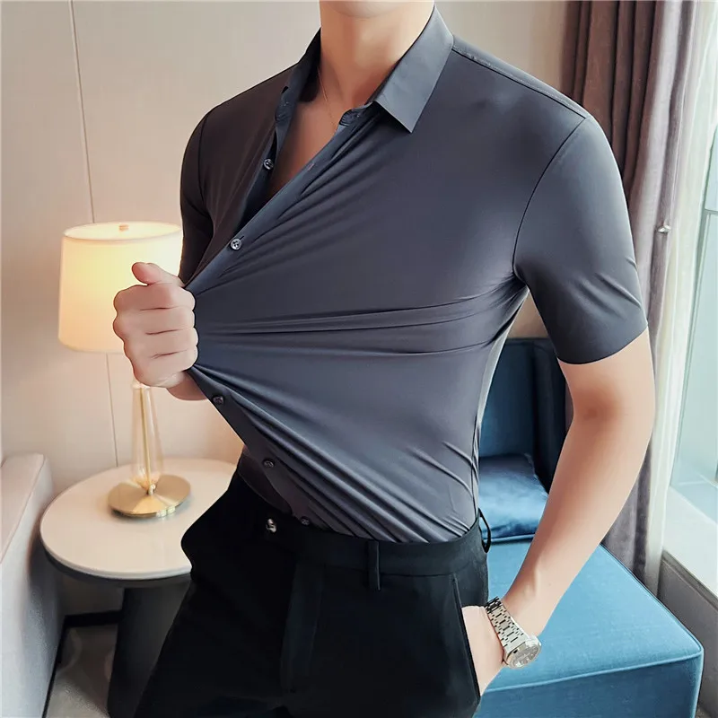 

Ele Elastic Men's irt Cool Thin Sl ort Sve Ice Silk Modal American Commuter Faionable Slim Fit Stand Sle