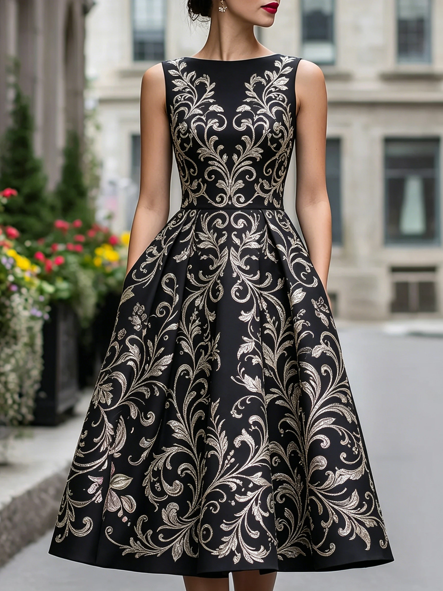 

Baroque Scrollwork Printed Dress with Classic Chic Vintage Sleeveless A-Line Midi Dress for Formal Casual Occasions Dress