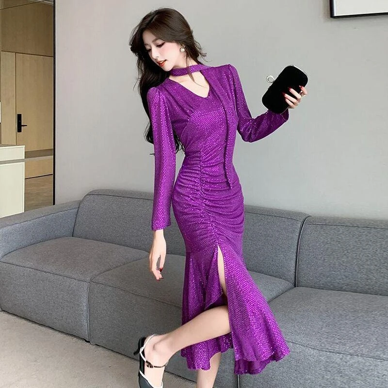 

Elegant Women V Neck Ribbon Pleated Bodycon Mermaid Dress High Slit Sequin Long Gown Slim Fit Evening Party Outfit​