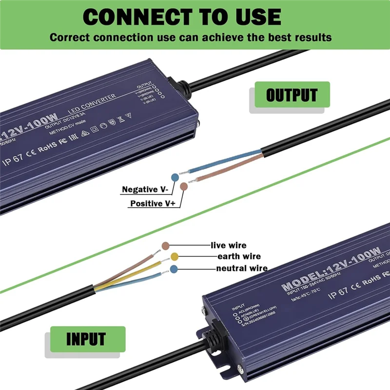 

12V LED Driver IP67 Waterproof 12V 100W Power Supply Transformer 100-264V AC To 12Volt DC Low Voltage Output,For Light-AA26