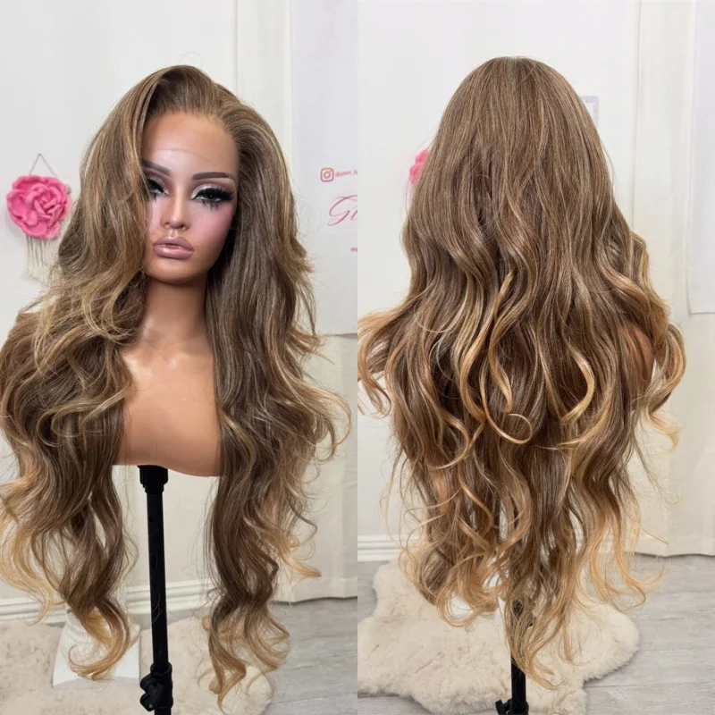 High Quality Wig Ombre Caramel Brown Highlights Synthetic Lace Front Wig Original Factory Cheap Wig Natural Preplucked Hairline