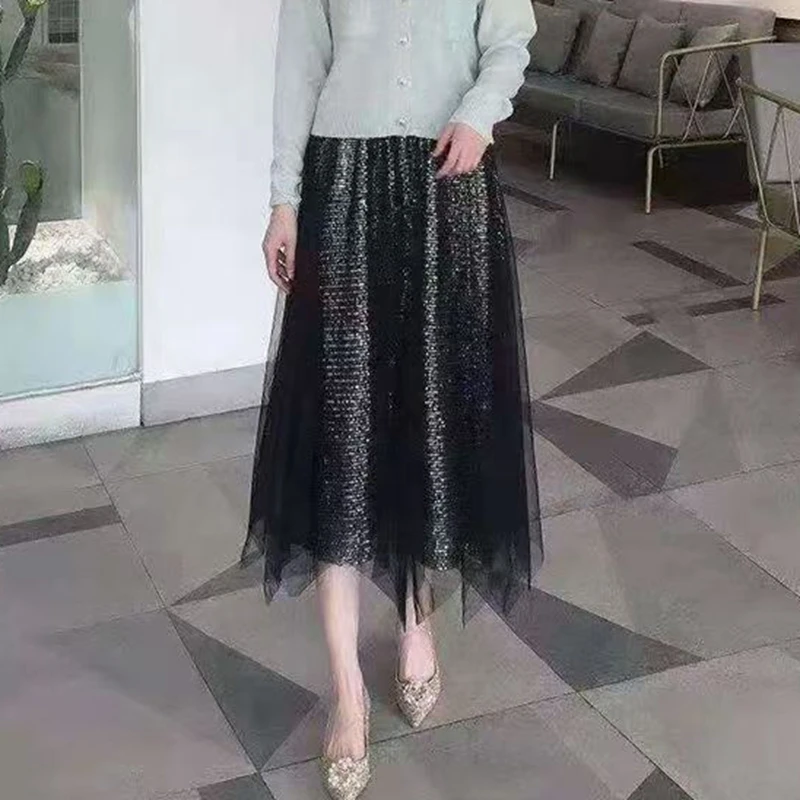 

Осень/зима, сетчатая шифоновая юбка с блестками, женская модная однотонная повседневная длинная юбка для танцевальной вечеринки, черная
