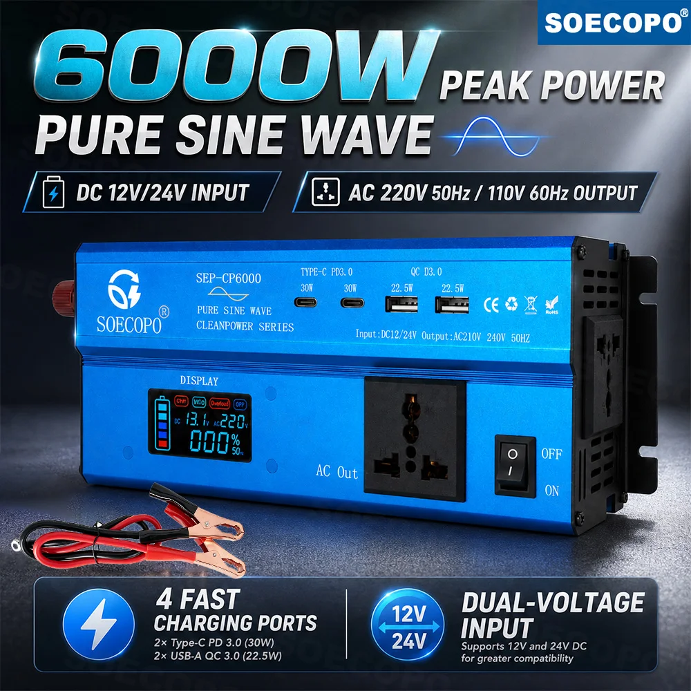 SOECOPO 6000W Power Inverter Pure Sine Wave Clean Power DC12V/24V AC110V/220V LCD Display USB-C PD + QC3.0 for RV Outdoor Home