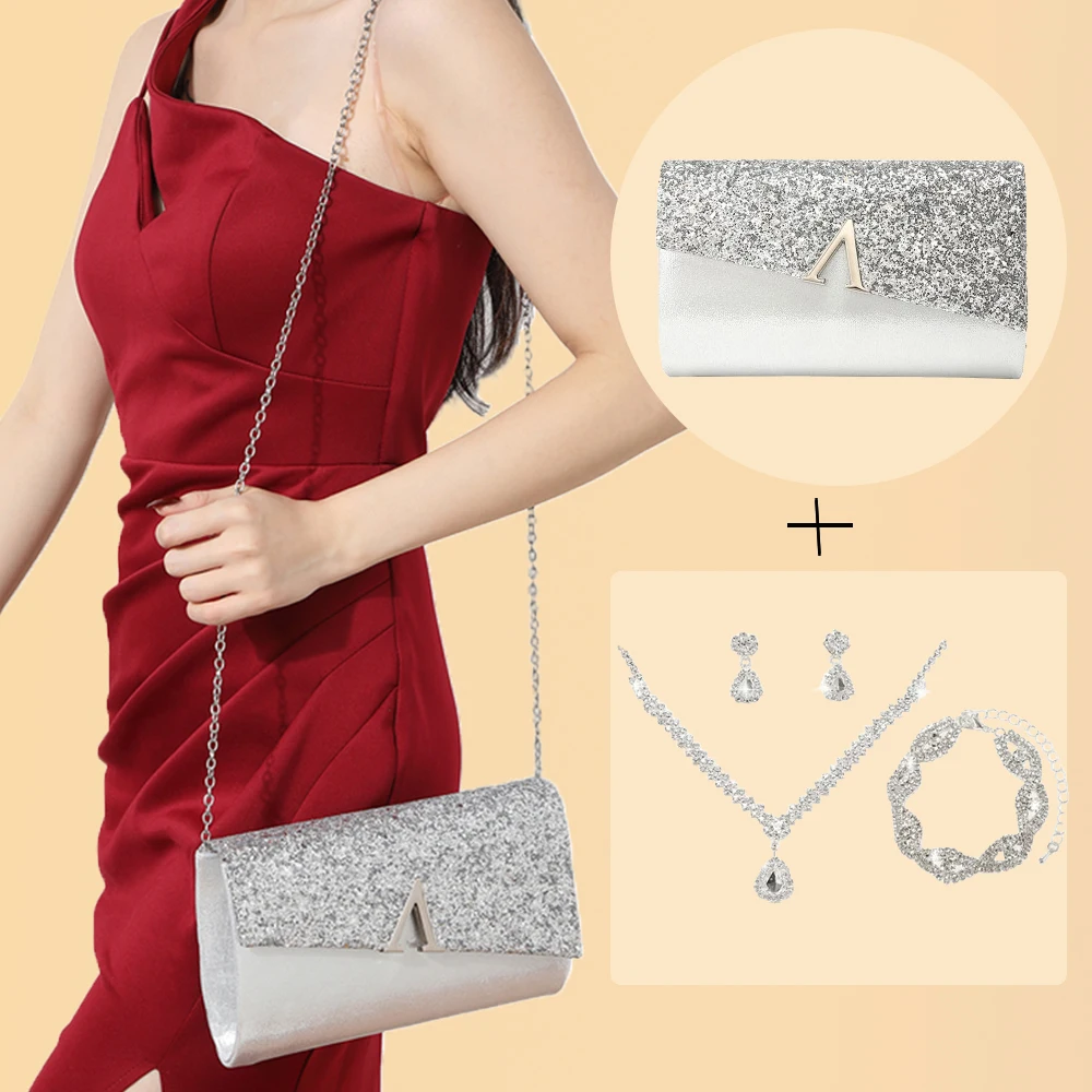 

4 Pieces Women Evening Clutch Bag Rhinestone Ear Clip Bridal Wedding Choker Bracelet Dangle Bling Glitter Purse Jewelry Set