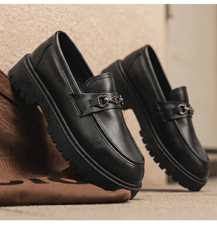 Herren-Loafer mit dicker Sohle, Metallschnalle, Slip-On-Lederschuhe, rutschfeste Plateau-Freizeitschuhe für Büro, Alltag und Party – Detail 16