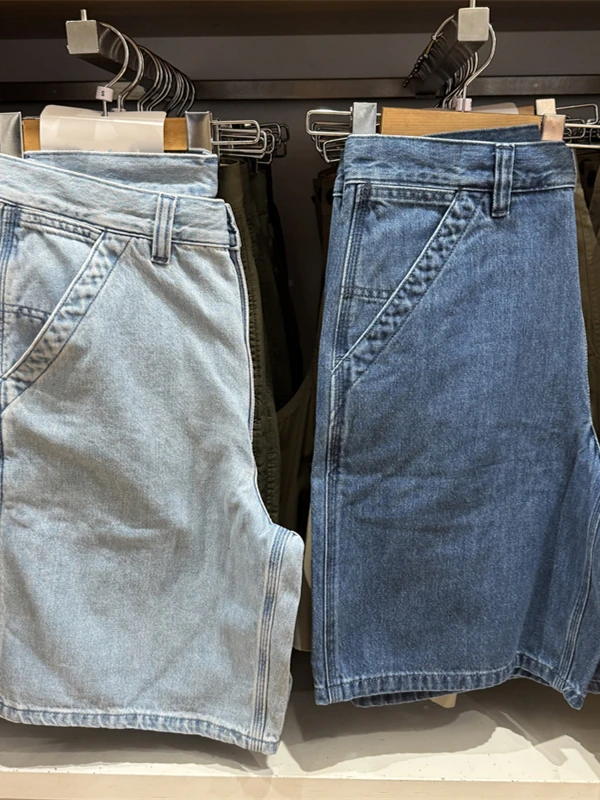 

Casual Loose Straight Leg Jeans Shorts for Men And Women Workwear Washed Blue Denim Summer Five-Quarter Length Pants