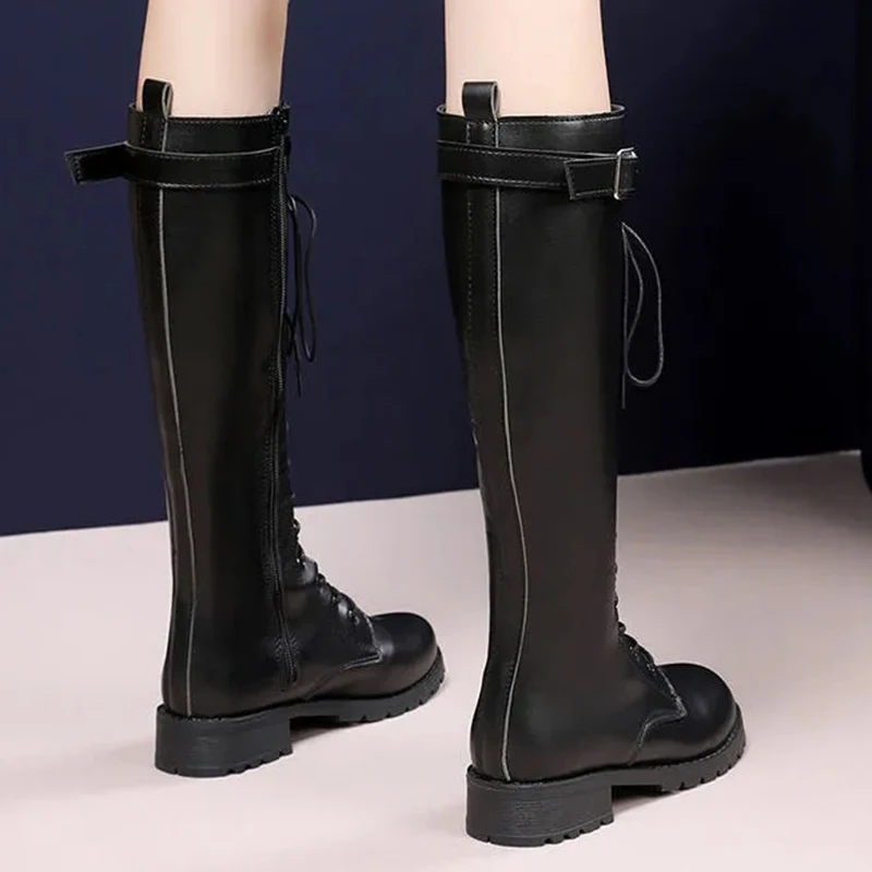 Retro Black Thick Bottom Long Boots Women 2022 Autumn Pu Leather Knee High Boots Woman Plus Size 43 Side Zipper Platform Shoes