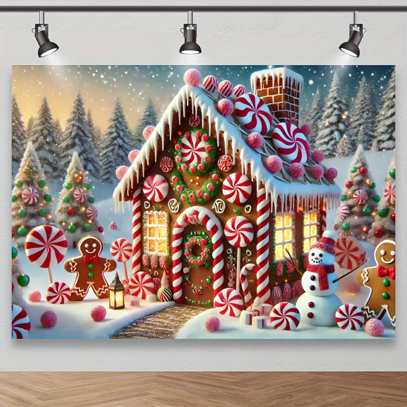 Bezaubernder Lebkuchenhaus-Weihnachtshintergrund – mit Minzbonbons, Schneemänner und Zuckerstangen – festliche Dekorationen