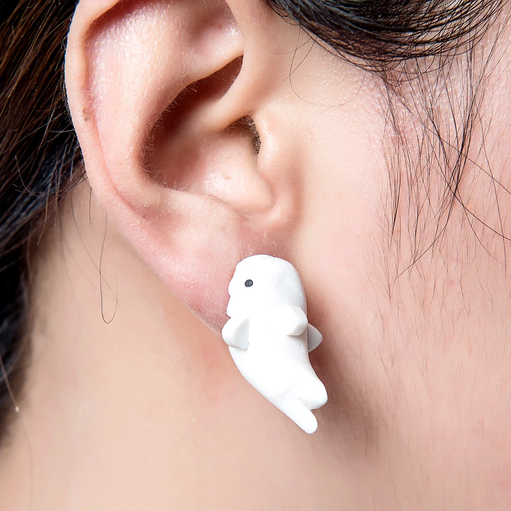 Handmade 3D Great White Shark Polymer Clay Stud Earrings For Women Men Cute Sea Animal Front Back Ear Jackets Kawaii Shark