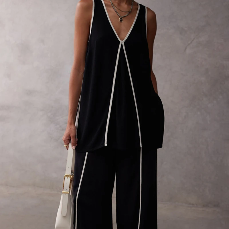 Tornova Fashion V neck Contrast Vest Suit Female New Sleeveless Top Casual Long Pant Two Piece Sets Loose Lady Elegant Commuting