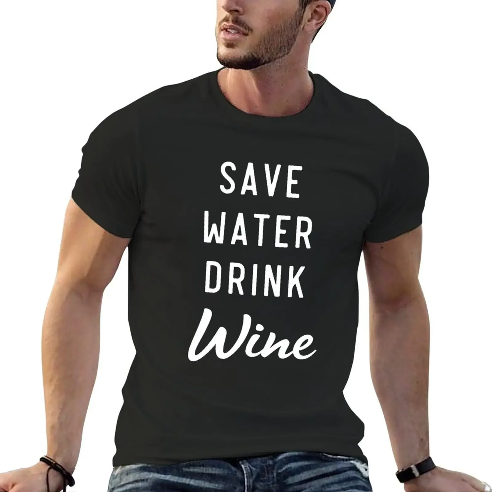 Футболка Save Water Drink Wine, заготовки с животным принтом для мальчиков, простые черные футболки для мужчин