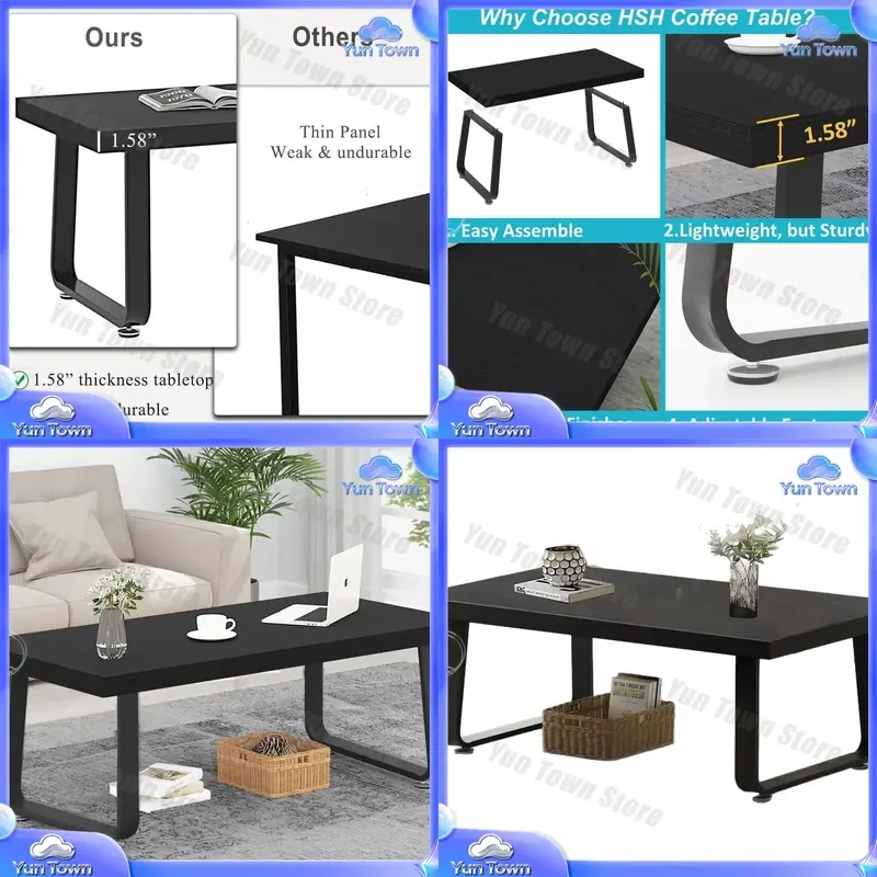 Black Modern Coffee Table for Living Room Farmhouse Rustic Wood and Metal Center Table Simple Minimalist Sofa Table for Small