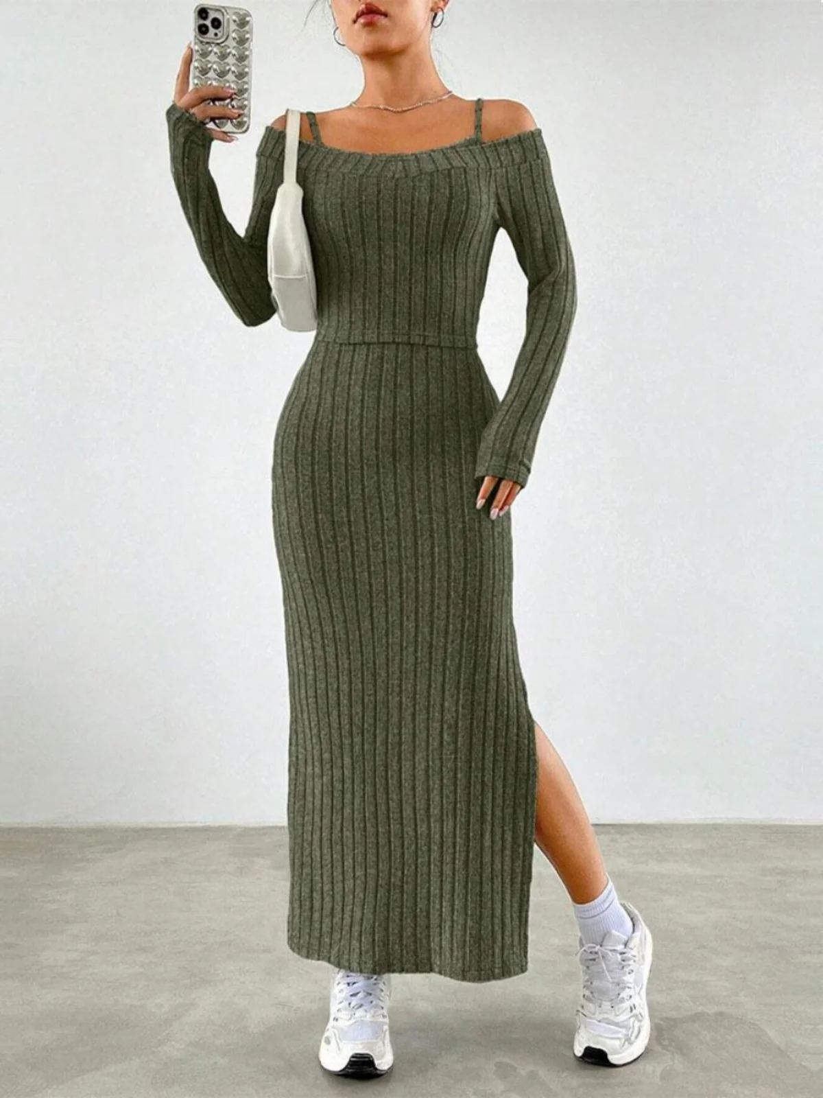 

Faionable Simple Ele Women's Casual Suit Autumn Winter Strap Dr Two-Piece Set Ele mat Sle for Young Women