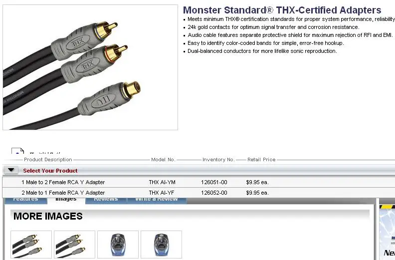 Original Genuine Monster Cable THXAI-YF-NF THX Certified Mono Female RCA To Stereo Male RCACable Adapter 0.5FT